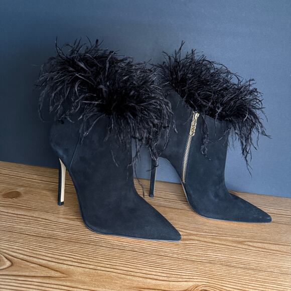 Michael Kors Black Suede Feather Trim Whitby Heeled Pointed Toe Booties Women 10 - Picture 1 of 11